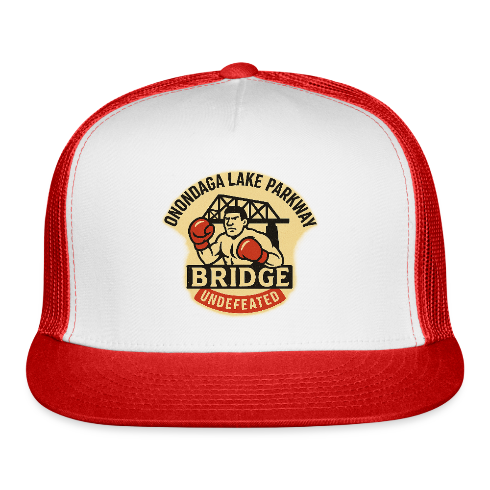 Onondaga Lake Parkway Bridge Undefeated Trucker Hat - white/red