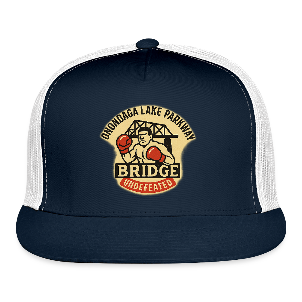 Onondaga Lake Parkway Bridge Undefeated Trucker Hat - navy/white